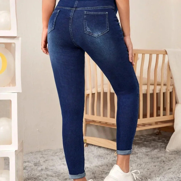 Dark Wash Women's Maternity High Waist Ripped Skinny Jeans - Picture 4 of 6